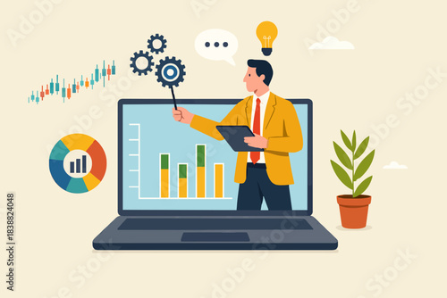 online webinar presentation, online seminars or meetings discussing business strategy, business discussion conference, data analysis or finance expertise, businessman on laptop screen explaining data