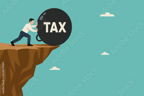 pay off business debt, reduce the burden of obligations, deficit or borrowing due, managing debt, responsibility to pay debtor, businessman pushes the debt burden ball into the canyon