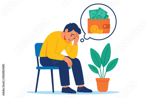 Man sitting with worried expression thinking about money wallet and expenses showing financial stress concern and difficulty, flat vector illustration