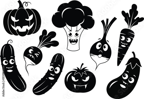 Spooky vegetable characters for halloween a collection of illustrated vegetables with cartoonish faces perfect for holiday themed designs and creative projects