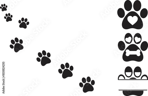 Black paw prints trail leading to a larger detailed dog paw with bone and collar