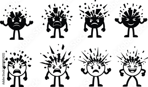 Set of cartoon characters with exploding heads expressing different emotions in black and white perfect for graphic design and illustration projects