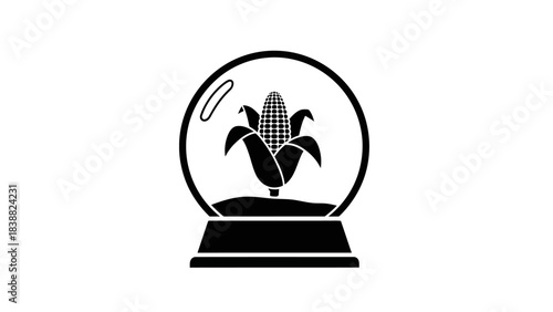 Black and white illustration of an ear of corn in a glass globe on a base.