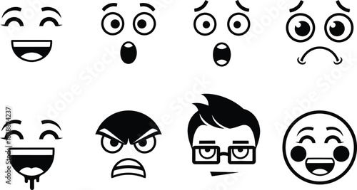 Collection of black and white emoji faces expressing various emotions including happiness surprise sadness anger and thoughtfulness in a vector style