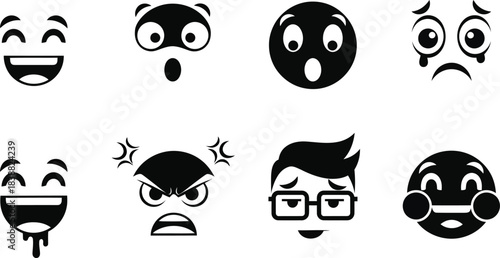 Collection of black and white emoji icons representing various human emotions and expressions for digital communication and social media platforms