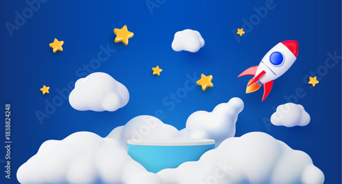 3d round kids podium vector stage. Red and white rocket flying among fluffy white clouds and golden stars in a blue sky. Childlike podium pedestal for children presentation, product showcase
