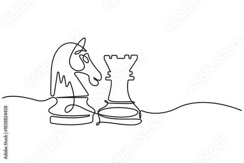 Chess icon continuous one line drawing minimalist outline vector illustration.Continuous line drawing of chess pieces,Chess king knight rook minimalist outline vector.Strategy Games Continuous Line.