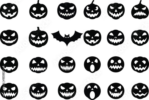 Spooky halloween icons a collection of jack o lanterns and bats in a black and white vector design