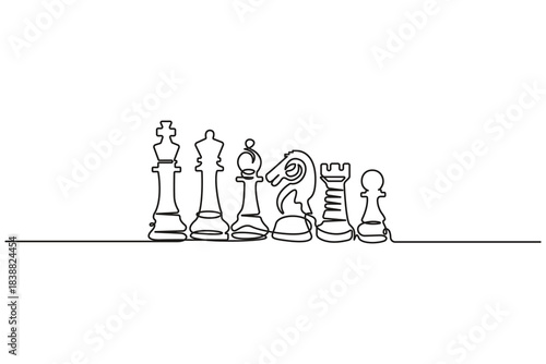 Chess icon continuous one line drawing minimalist outline vector illustration.Continuous line drawing of chess pieces,Chess king knight rook minimalist outline vector.Strategy Games Continuous Line.