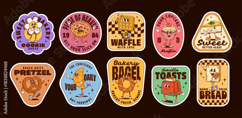 Groovy label stickers with bakery characters. Vector set of playful baked goods, nostalgic and fun cookies, waffles, cupcakes, bread and toaster, each with cheerful expressions and retro typography