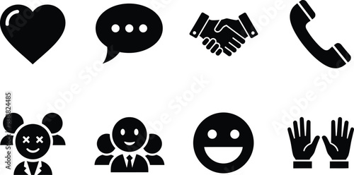 Set of simple black and white icons representing communication connection and relationships for web design and user interface elements