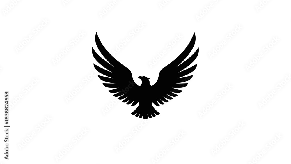 Obraz premium Black silhouette of an eagle spreading its wings on a white background.