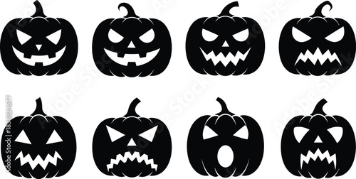 Spooky halloween pumpkin faces in black and white a collection of carved jack o lanterns with different expressions and silhouettes for festive celebrations