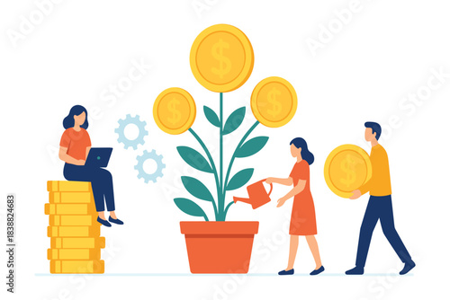 People growing money plant with coins, watering pot and laptop, symbolizing financial growth, investment, savings, teamwork, and business success, Flat Vector Illustration