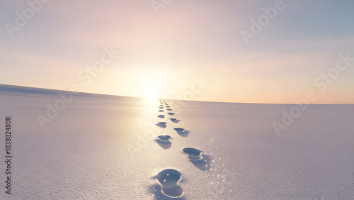 Footprints Leading Towards the Sunrise on a Vast Snowy Landscape Under a Clear Sky