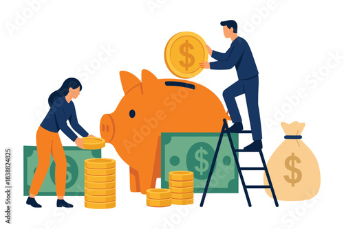 People saving money together by placing large coins into piggy bank with cash, ladder and stacked coins symbolizing financial growth, flat vector illustration