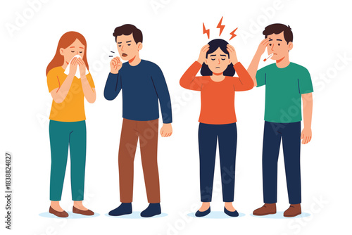 People showing common discomfort signs such as sneezing coughing headache and fatigue, flat vector illustration