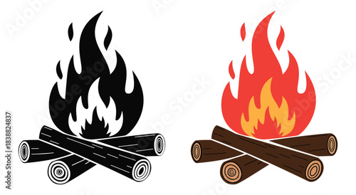 Bonfire and campfire vector icons with burning wood logs and warm flames for camping, outdoor recreation, and warmth