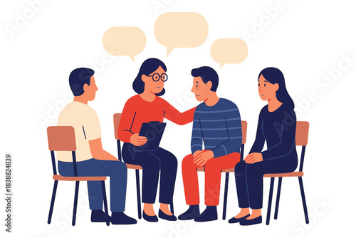 People sitting in a support group having open conversation with therapist offering comfort and guidance, emotional support and communication concept, Flat Vector Illustration