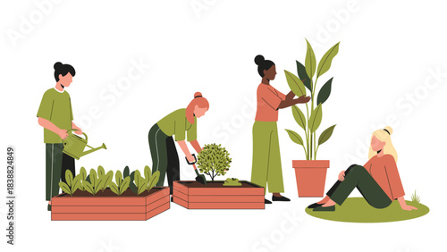 Flat vector illustration, architectural entourage style, set of diverse people gardening and interacting with urban nature, holding watering cans, planting in raised beds, and touching leaves.