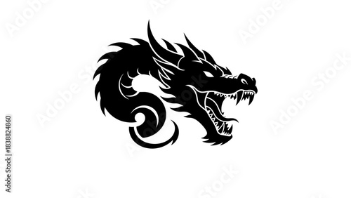 Black dragon head silhouette with sharp teeth on white background