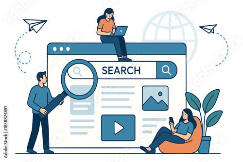 People using digital devices around large search engine interface with magnifying glass and web elements, flat vector illustration