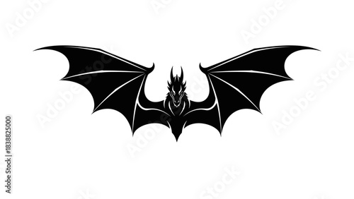 Black bat silhouette with outstretched wings on a white background.