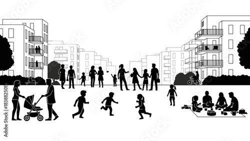 Flat vector illustration, architectural entourage, community interaction, families, neighbors talking, parents with strollers, children playing tag, group of people picnicking, side view.