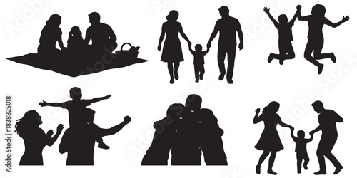 Collection of Silhouettes Representing Happy Family Activities and Moments Together.