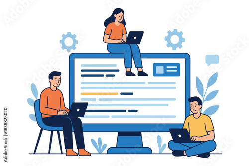 People working on laptops around a large computer screen for online teamwork and collaboration, flat vector illustration