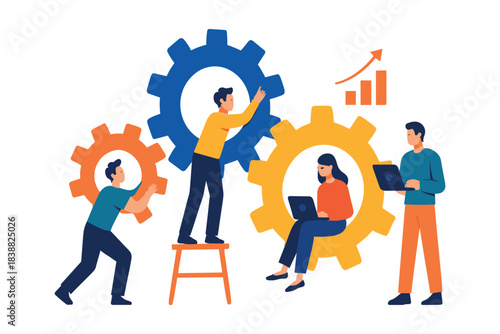 People working together around large gears using laptops tools and teamwork to improve process productivity and growth, flat vector illustration