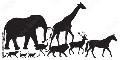 Collection of diverse animal silhouettes walking in a line, showcasing different sizes and species.