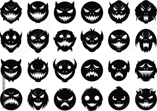 Collection of twenty four spooky and scary halloween monster faces in black silhouette on a white background for graphic design projects