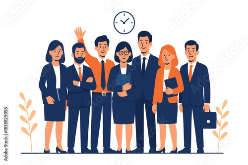 Professional business team standing together, confident office group posing for corporate teamwork concept, unity and collaboration in workplace, flat vector illustration