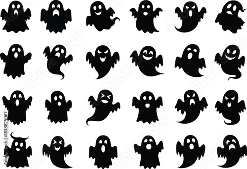 Spooky ghost silhouette collection for halloween celebrations and designs featuring a variety of playful and frightening ghostly characters on a white background
