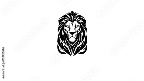 Black and white illustration of a lion's head with a majestic mane on a white background.