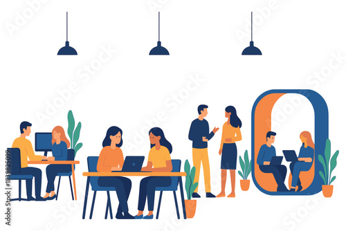 People working together in modern office space with laptops desks and collaboration areas showing teamwork communication and productivity, flat vector illustration