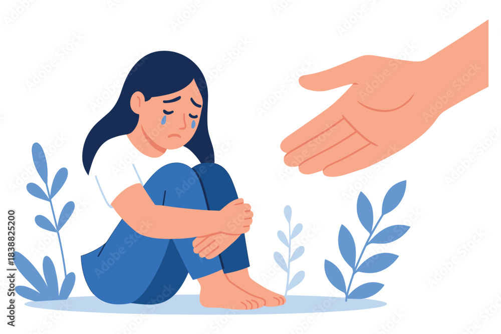 Obraz premium Sad girl sitting on ground with tears receiving caring helping hand offering comfort and support, flat vector illustration