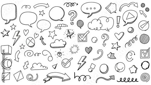 Collection of hand-drawn doodle elements, icons, and symbols in black and white