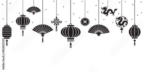 Collection of traditional Chinese New Year decorations including lanterns, fans, dragons, and knots, set against a white background.