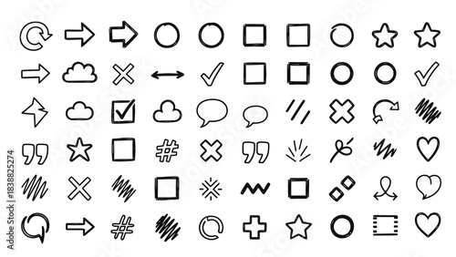 Collection of Hand-Drawn Doodle Icons: Arrows, Stars, Shapes, Hearts, and More