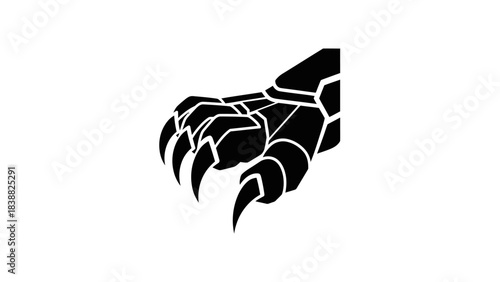 Black graphic illustration of a clawed hand on a white background