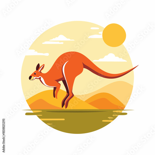 Jumping Orange Kangaroo in Australian Outback Landscape.