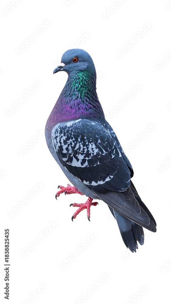 Naklejka premium A close-up shot of a pigeon with iridescent feathers, isolated on white background