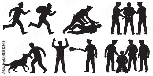 Collection of police officers apprehending suspects and performing law enforcement duties, depicted as black silhouettes.
