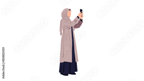 Flat Vector Muslim Woman Tourist, Lady in Hijab Taking Photo, Cultural Diversity Entourage, Architectural Visualization Travel.