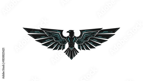 Graphic illustration of a stylized bird with outstretched wings in black and teal against