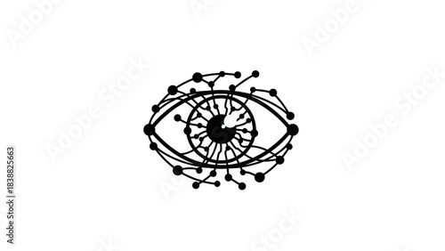 Black line art illustration of an eye with molecular structure details on white background