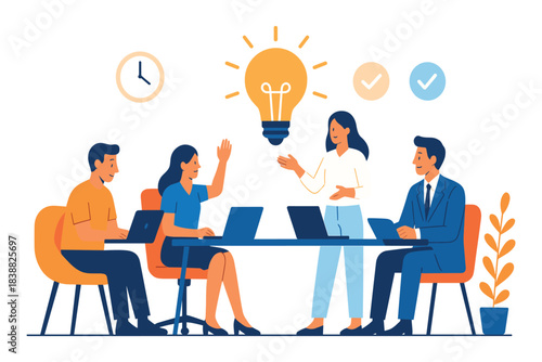 Team discussing ideas in business meeting, collaborative planning with laptops and creativity concept, flat vector illustration