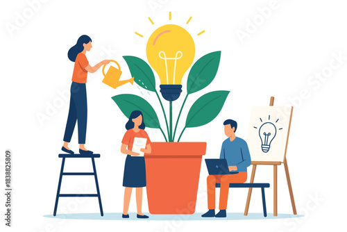 Team growing creative idea together by watering plant with light bulb symbol showing innovation development collaboration and progress, flat vector illustration